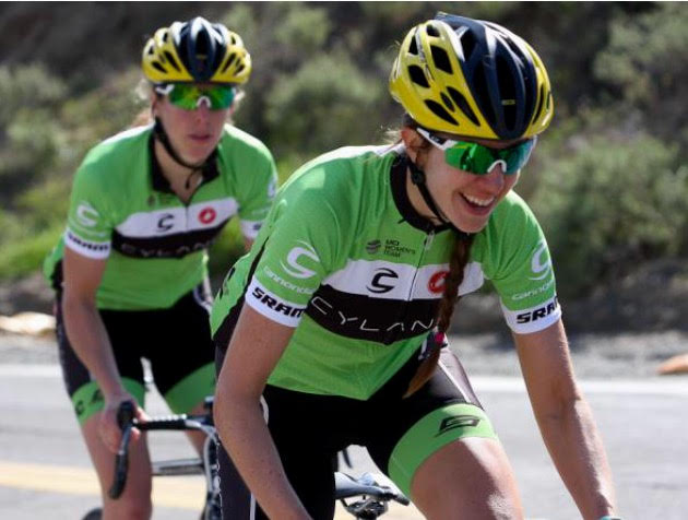 Kathryn, on right, cycling with her Cylance team. Photo courtesy of Cannondale.